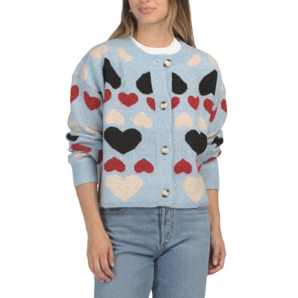 ENGLISH FACTORY Blue Multi Wool Blend Crew Neck Heart Cardigan - Picture 1 of 2